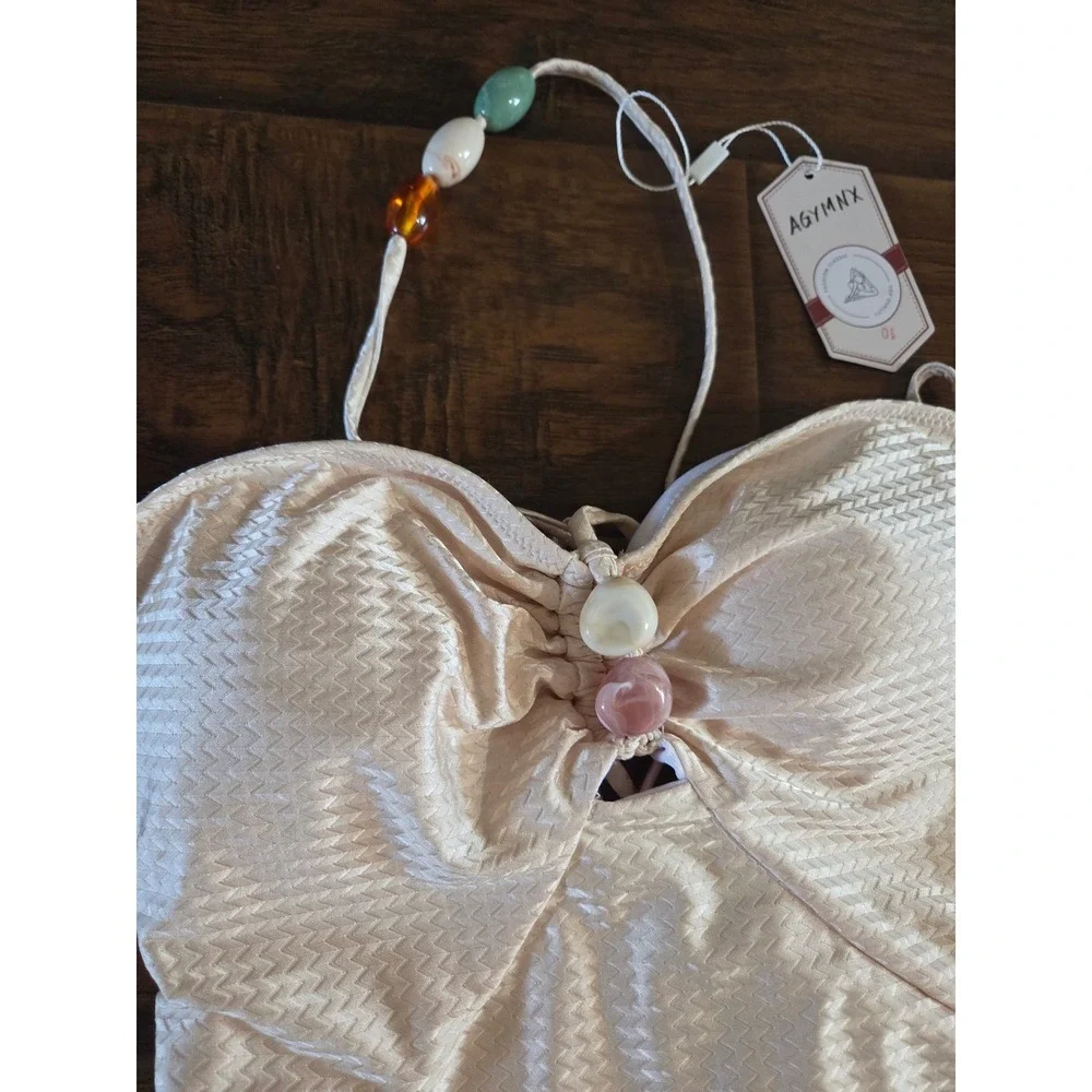 Resin beads halter neck texture swimsuit in champagne size L‎